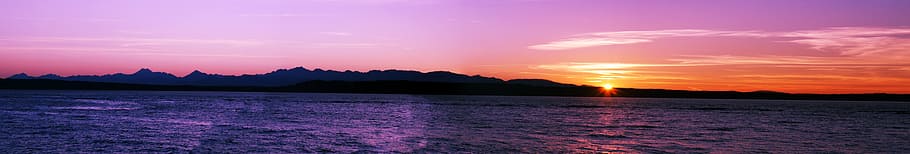 beach, dawn, dusk, landscape, mountains, nature, ocean, panoramic HD wallpaper