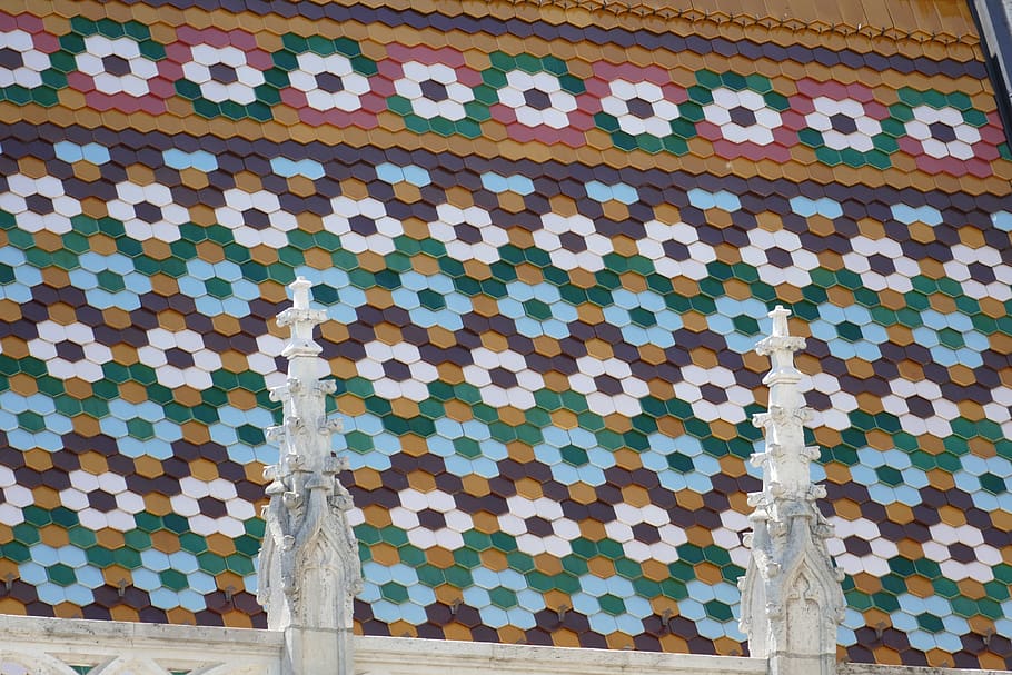 roof, brick, tile, building, pattern, structure, colorful, geometric HD wallpaper