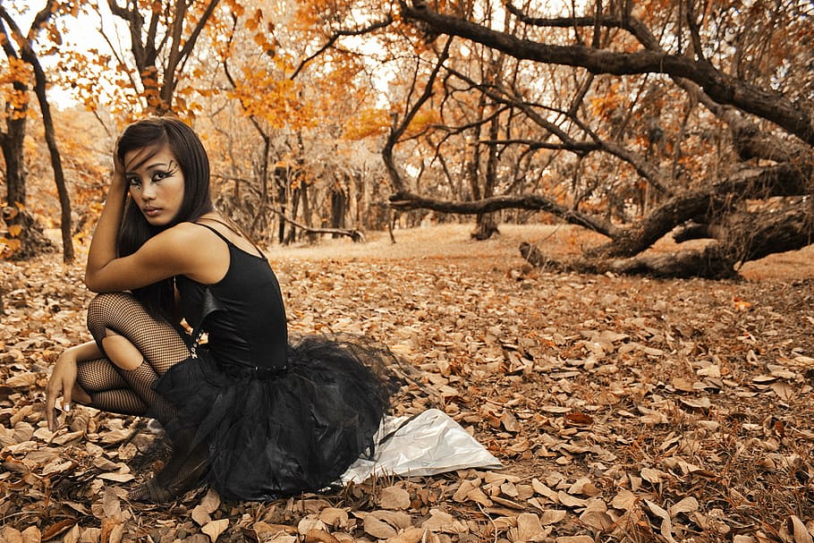 woman sitting on ground under forest, sepia, photography, wearing, HD wallpaper