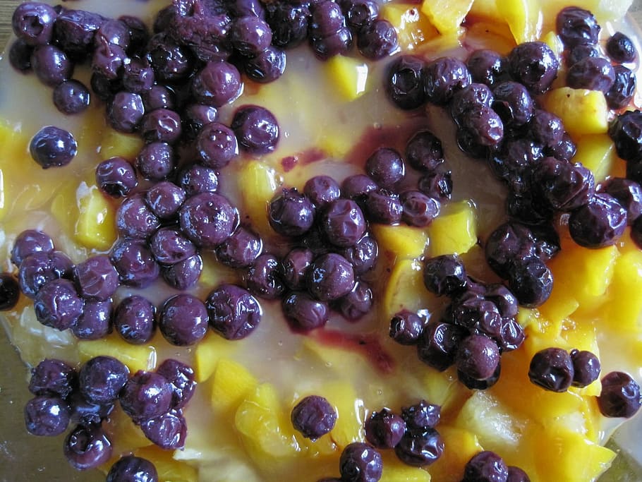 Layer, Fruit, Peaches, Yellow, Berries, purple, pieces, trifle HD wallpaper