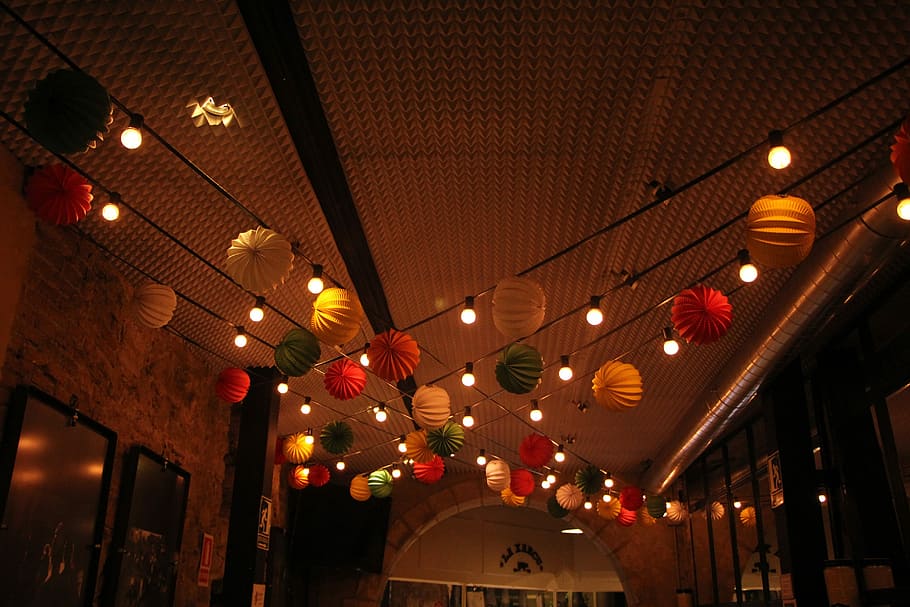 Night, Lights, Indoors, Evening, Ceiling, color lights, no People HD wallpaper