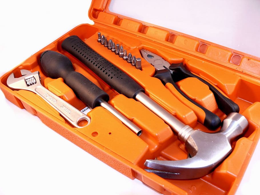 black handled claw hammer on orange case, kit, tools, bits, nail, HD wallpaper