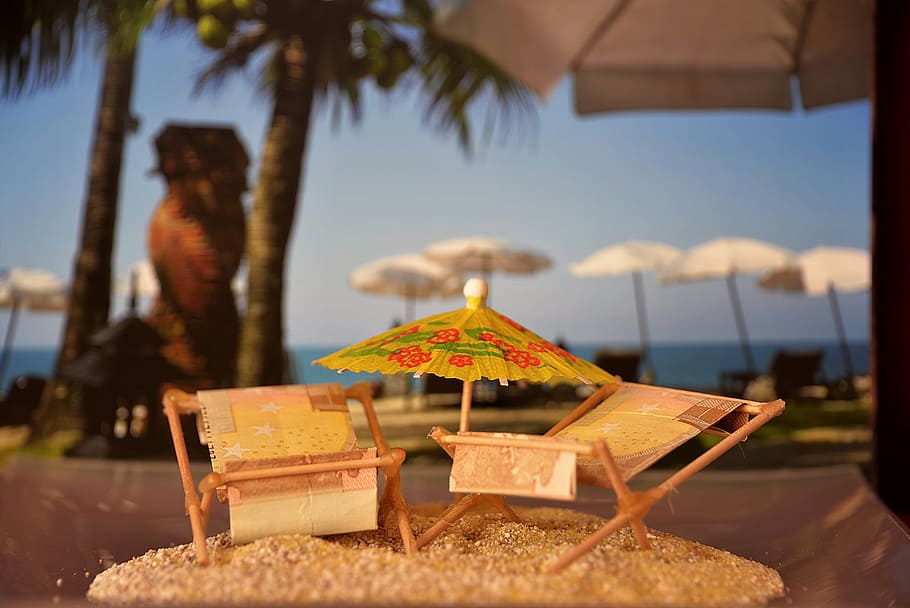 sea, beach, vacation, sand, blur, chairs, coconut trees, island HD wallpaper