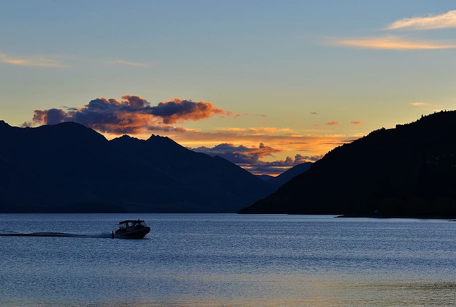 lake, sunset, landscape, mountain, ship, sky, water, scenics - nature HD wallpaper