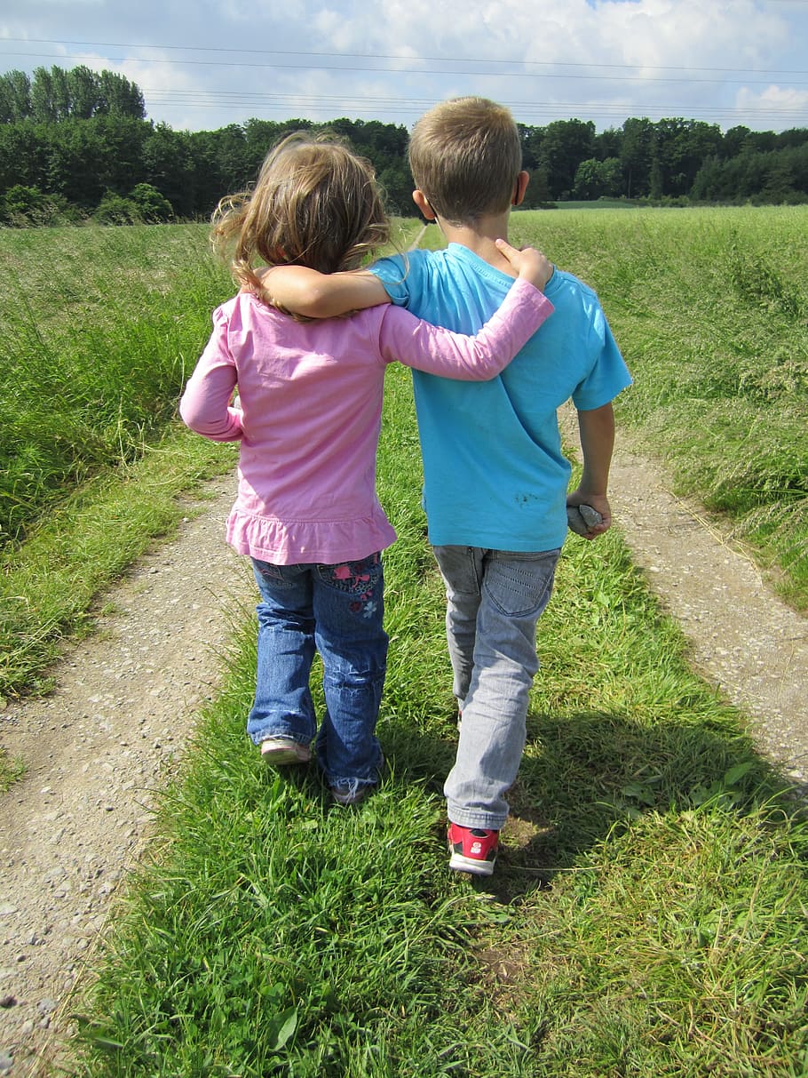 girl and boy walking on grass field pathway, Human, Children