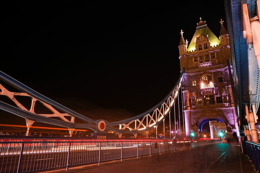 lighted bridge during nighttime, brown bridge, city, car, architecture HD wallpaper