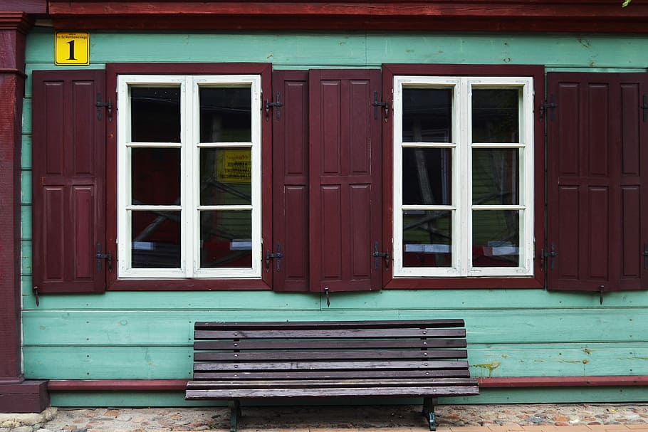 teal house with two windows, closed purple and gray wooden house window HD wallpaper