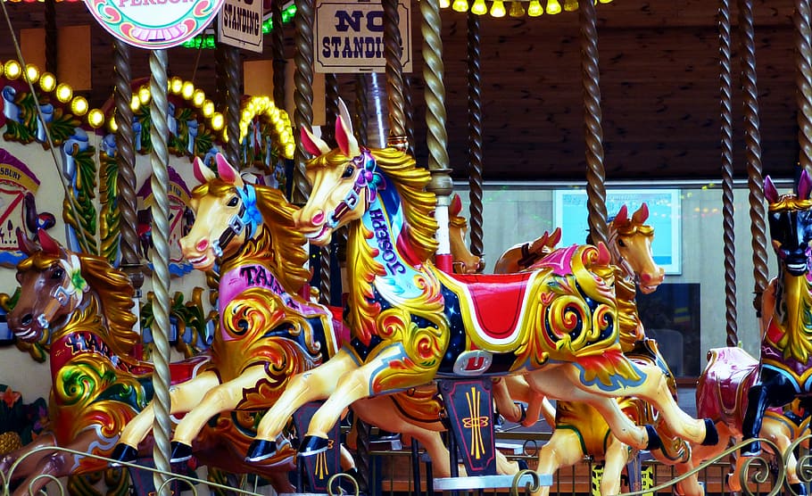 gold-and-red horse carousel, fun, ride, amusement, joy, park HD wallpaper