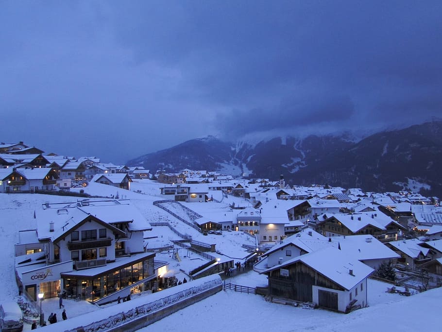 dusk, twilight, snow landscape, wintry, village, alpine village HD wallpaper