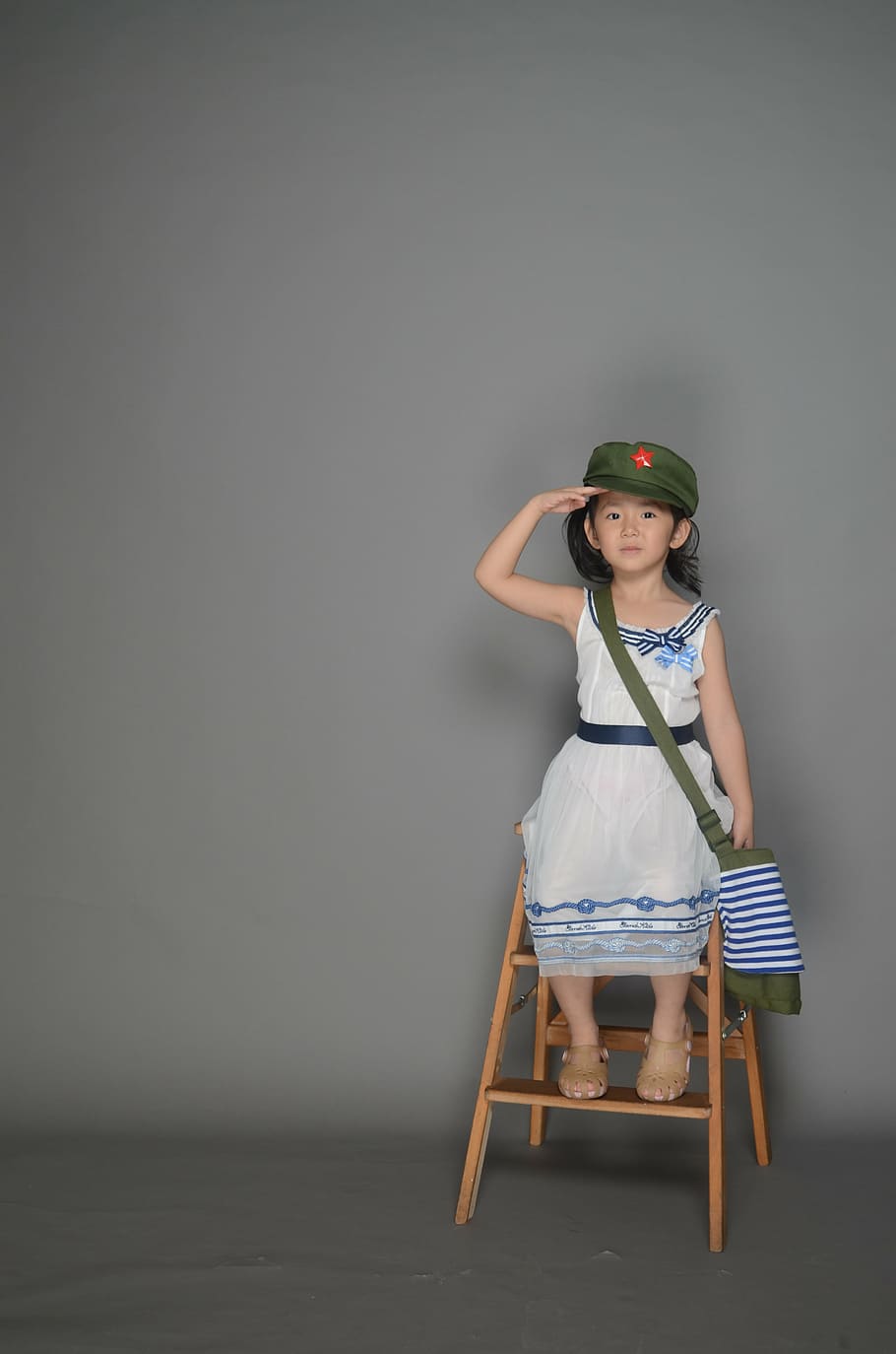 cute, military cap, army backpack, child, girls, studio, original photo, HD wallpaper