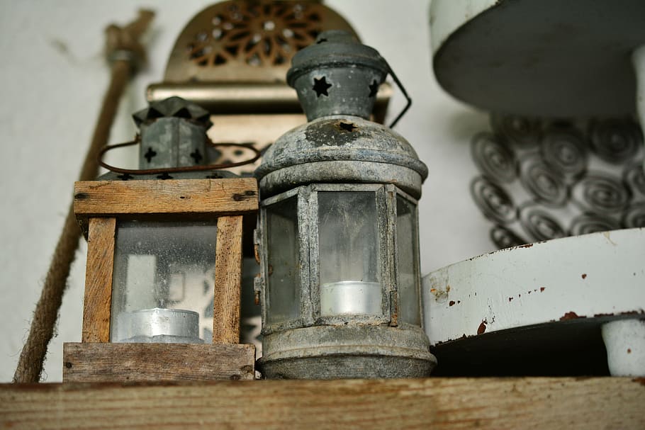 two turned-off candle lanterns, old, junk, decoration, flea market HD wallpaper