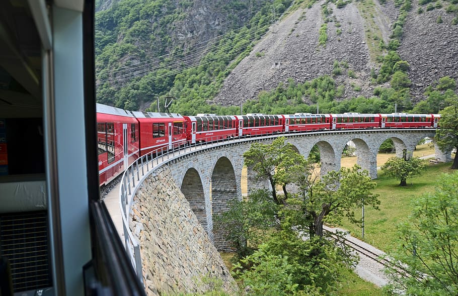 Train, Switzerland, Alpine, Bridge, railway, mountains, pass, HD wallpaper