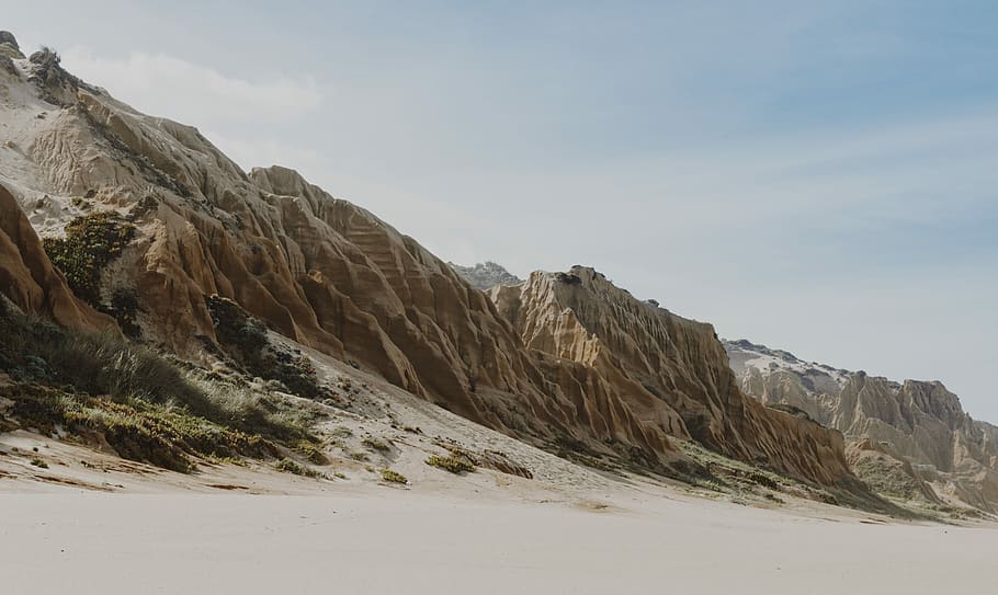 Barren rock hills, rock mountain under cloudy sky, beach, wallpaper HD wallpaper