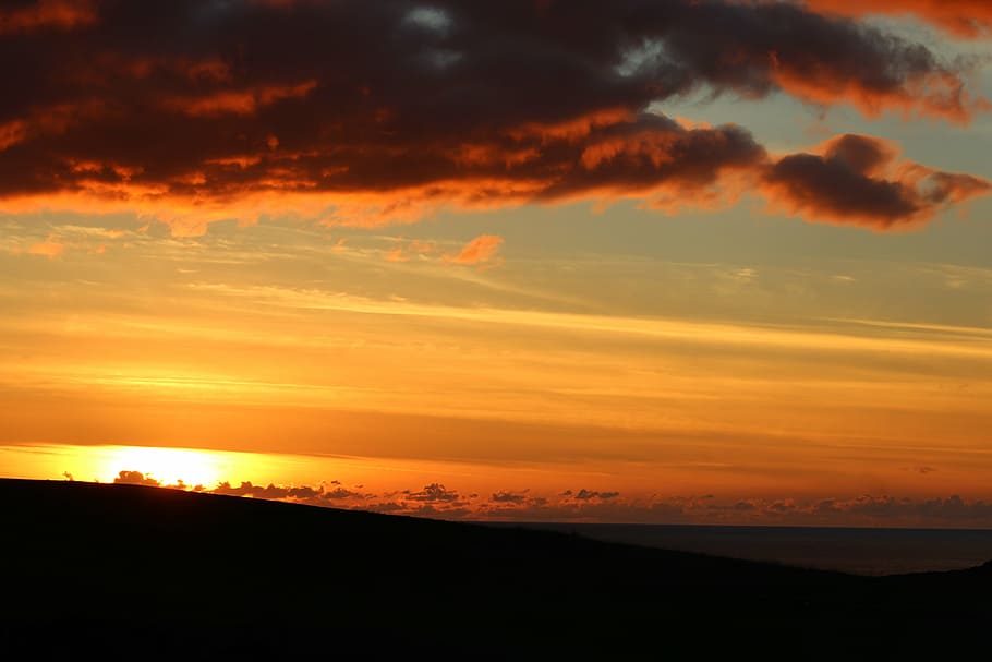 sunset, sky, red sky, red clouds, sky fire, coast, ocean, rural HD wallpaper