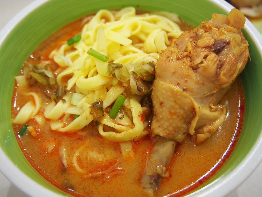 cooked chicken, curry, ข้าวซอย, noodle, food, thai food, HD wallpaper