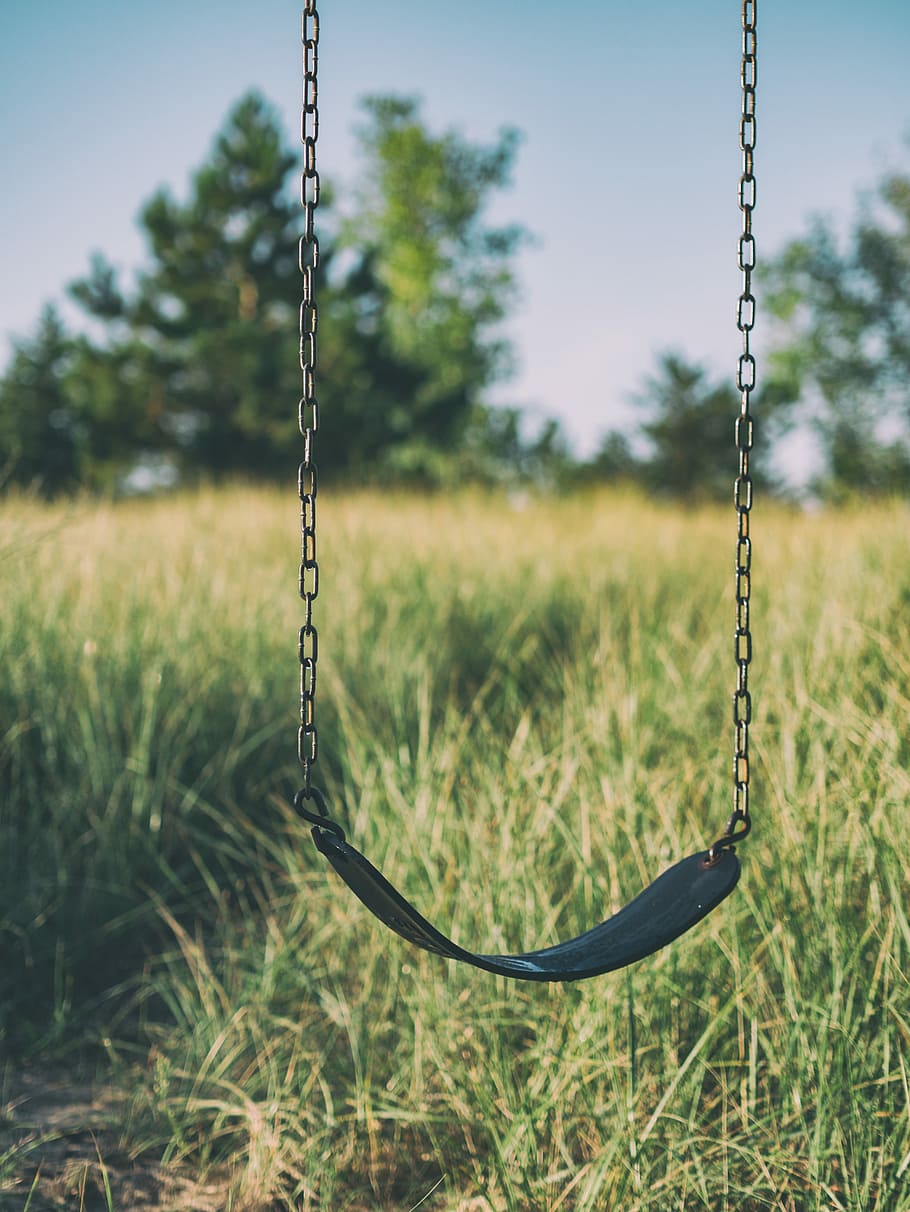 swing chair hanged outdoor, grass, swing, chain, park, tree, field HD wallpaper