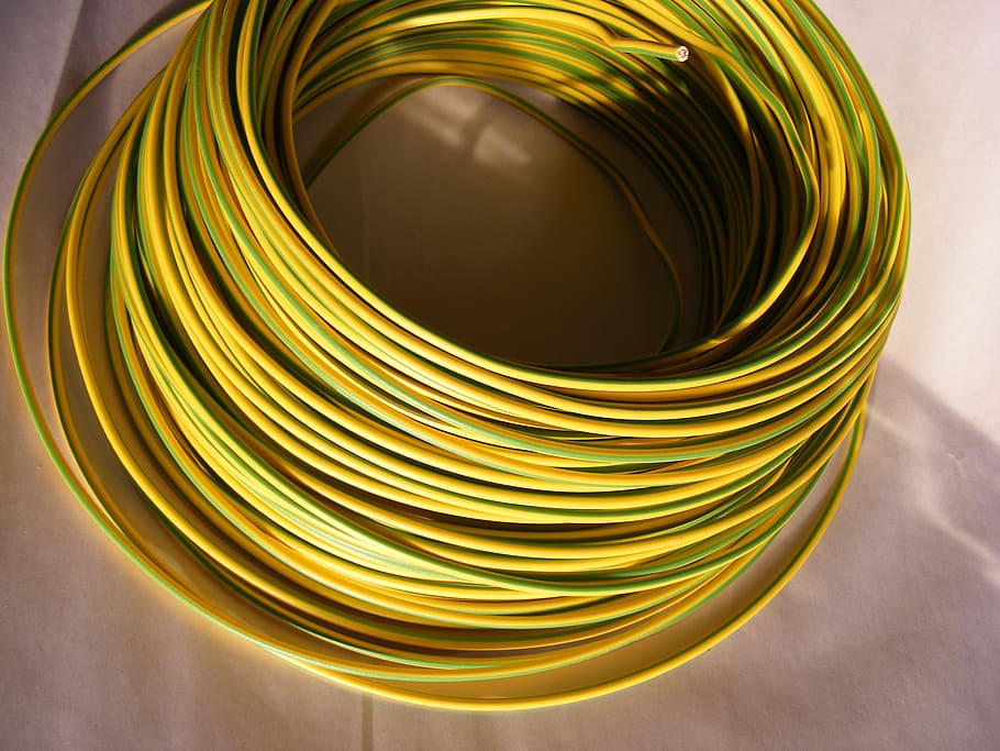 close-up photo of yellow cable on brown surface, blue, copper HD wallpaper