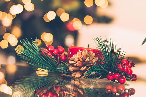 Brown and Red Pinecone Christmas Decoration, blur, blurred background HD wallpaper