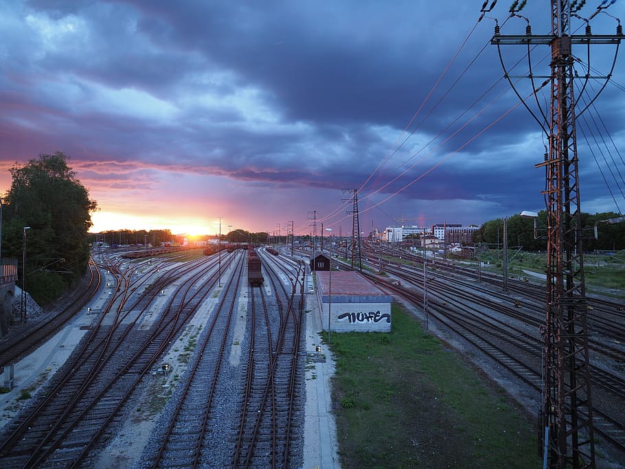 sunset, railway, augsburg, transportation, sky, evening, cloud - sky HD wallpaper