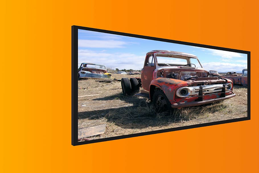 wall, frame, perspective, junkyard, old car, deco, photography themes HD wallpaper