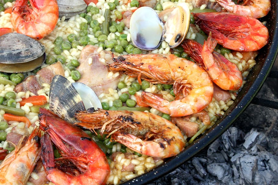 steamed shrimp with beans, paella, lena, fire, valencia, seafood, HD wallpaper