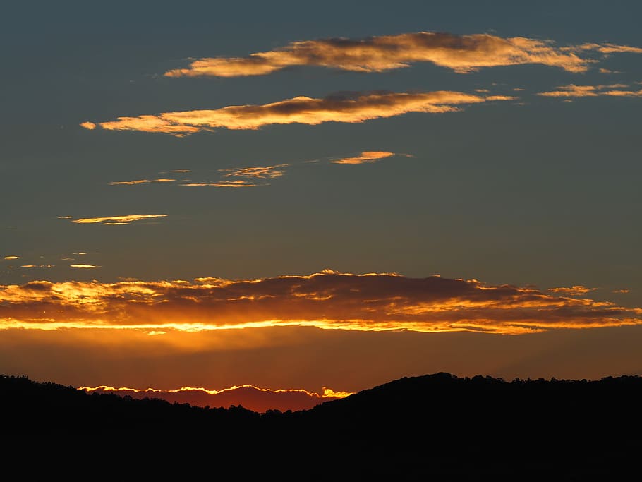 silhouette of mountain during sunset photo, untitled, cloud, orange HD wallpaper