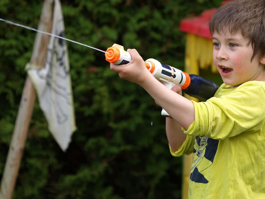 boy holding a white water gun, Spray Gun, Toys, Child, Play, colorful, HD wallpaper