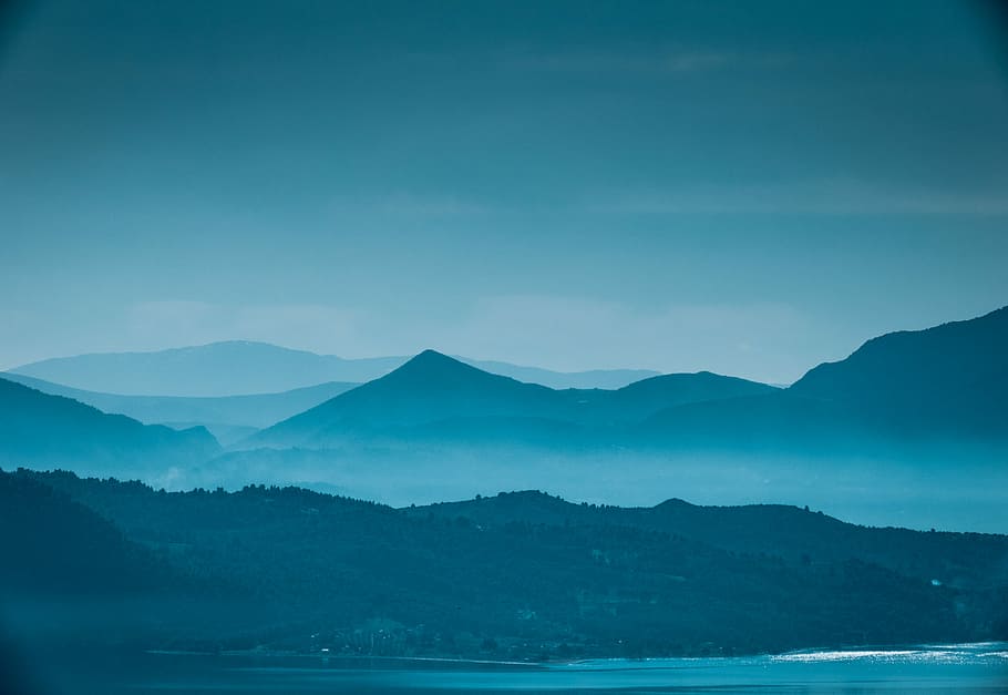 mountain in mist, silhouette of mountains, peak, blue, landscape HD wallpaper