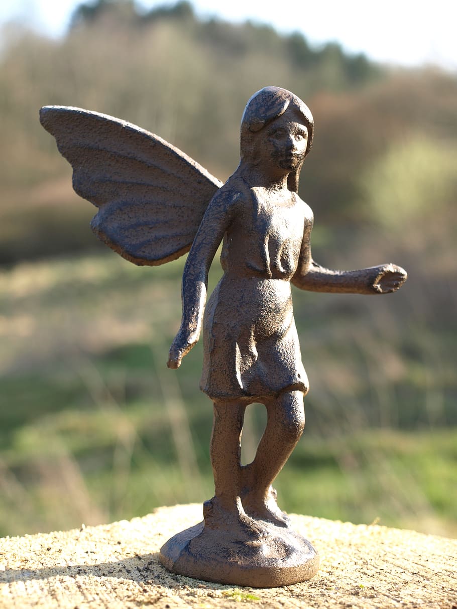 elf, wing, figure, bronze, sculpture, representation, focus on foreground HD wallpaper