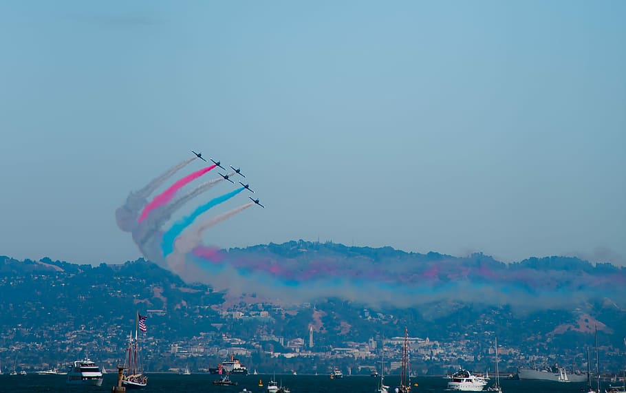 six air planes cartrails, photo of aerobatics, airplane, flaf HD wallpaper
