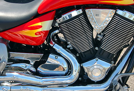 red motorcycle, motorcycle engine, chrome, shiny, biker, transportation HD wallpaper