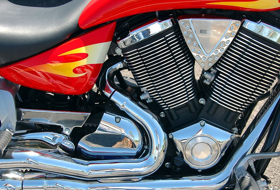 red motorcycle, motorcycle engine, chrome, shiny, biker, transportation HD wallpaper