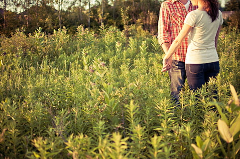 man and woman on green grass field, countryside, couple, engaged HD wallpaper