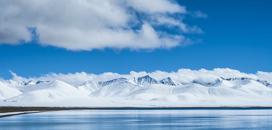 clouds, cold, lake, landscape, mountains, nature, sky, snow HD wallpaper