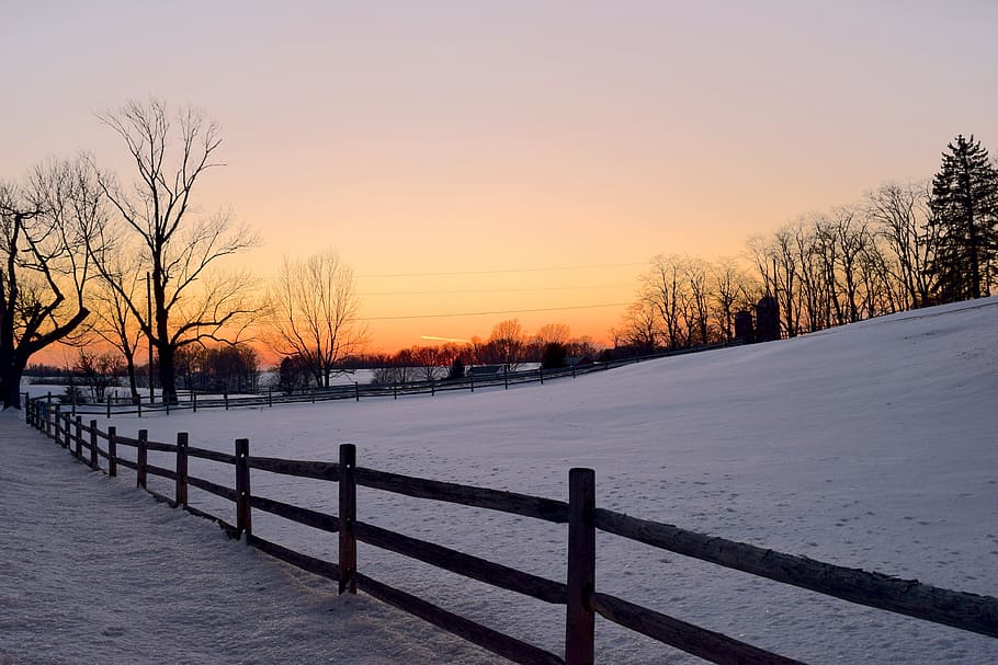 Snow, Fence, Sunset, Shadow, Nature, landscape, light, sunlight, HD wallpaper