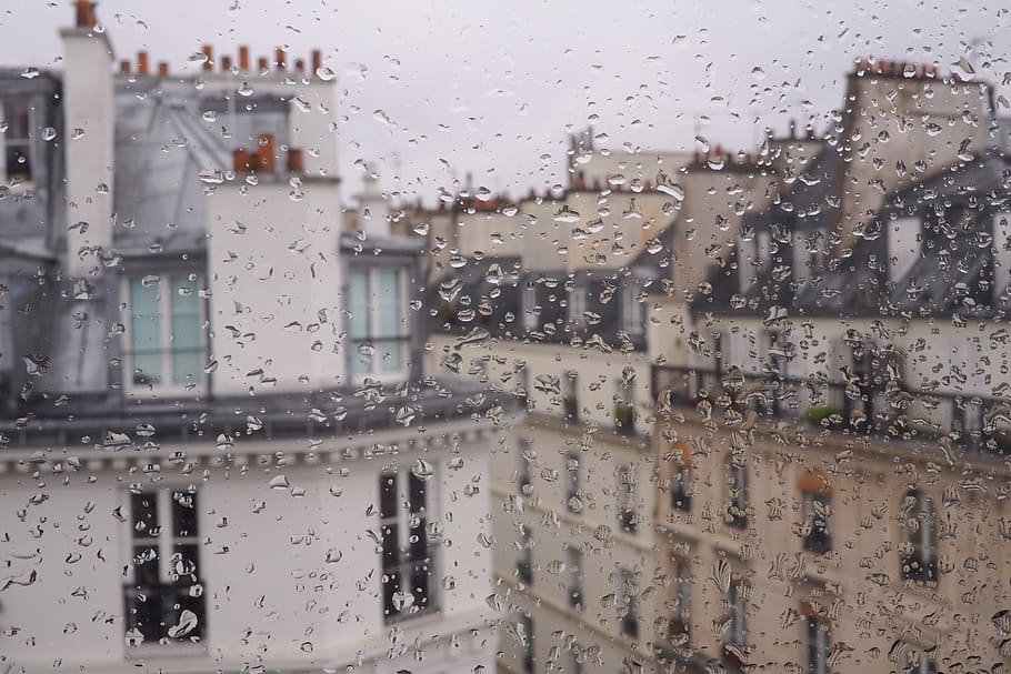 droplets of water on clear glass, window with water drops, building HD wallpaper