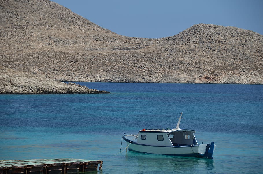 chalki, bay, boat, greece, island, sea, water, coast, day, greek, HD wallpaper