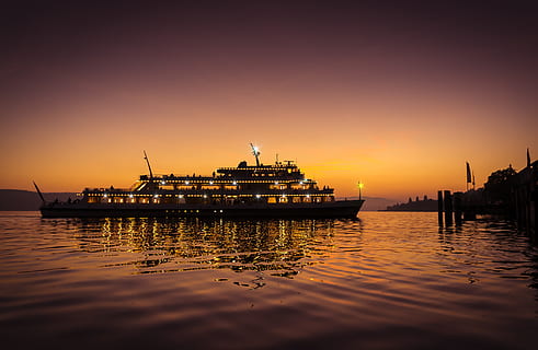 lighted boat on body of water, lake constance, ship, sunset HD wallpaper