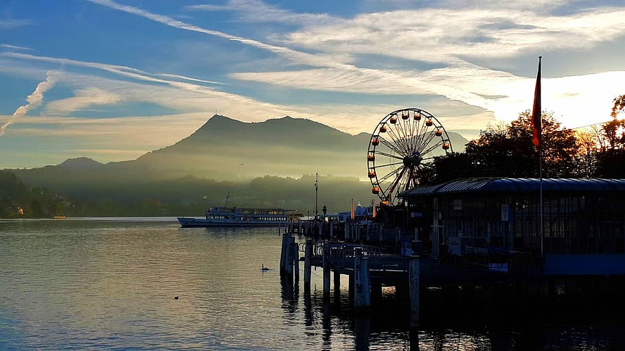 peaceful, sunset, lake lucerne, water, wheel of fortune, mountain, HD wallpaper