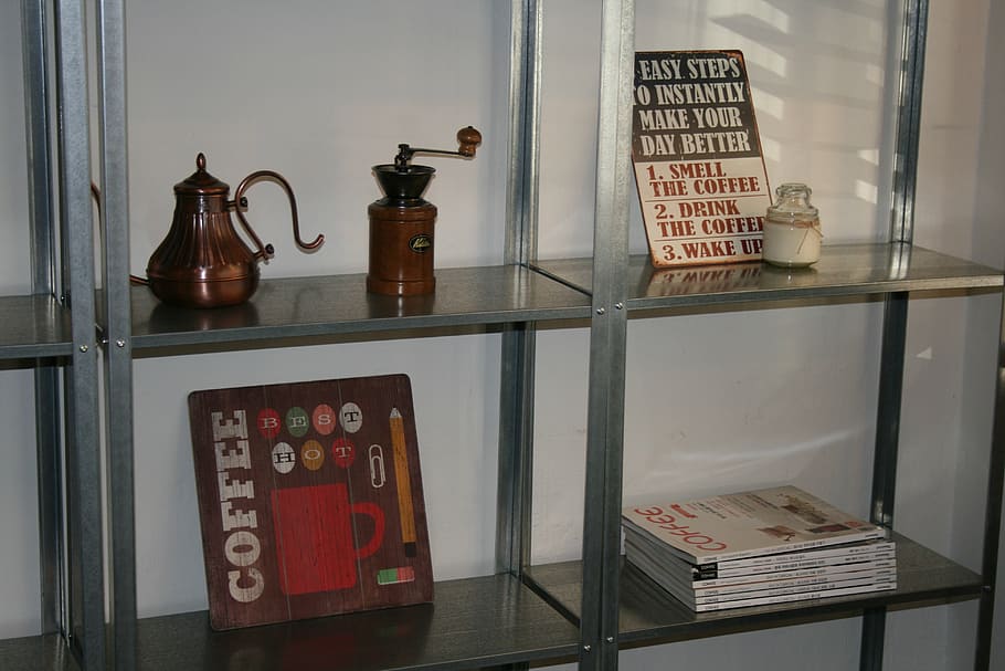 coffee mill, kettle, picture frame, no people, shelf, indoors HD wallpaper