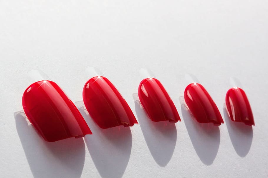 five red nail arts, fingernails, lacquered, artificial, affix HD wallpaper