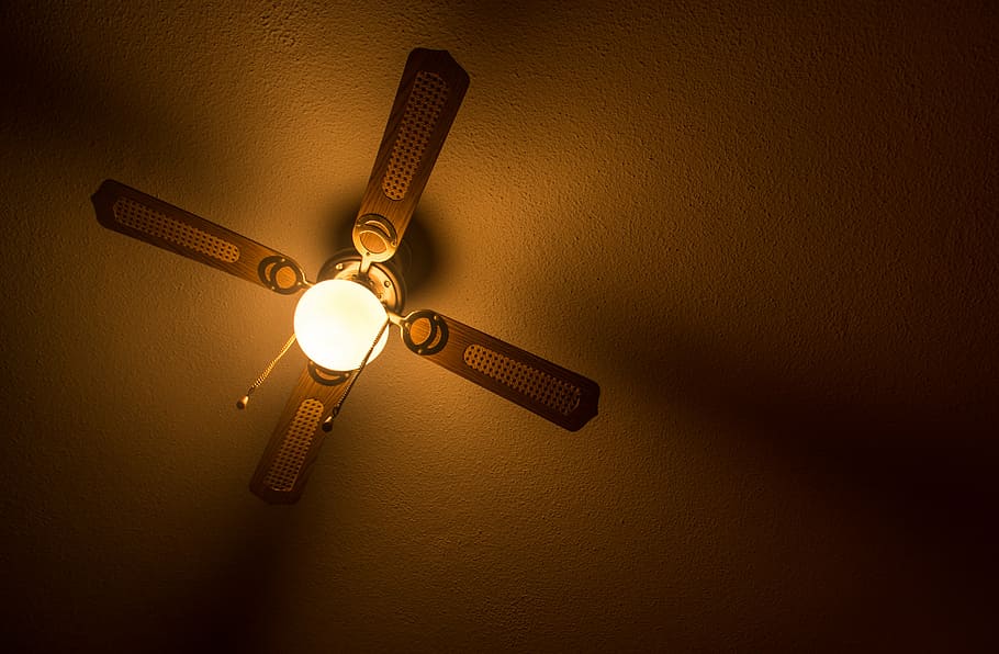 brown 4-blade ceiling fan with lamp hanging on ceiling, light