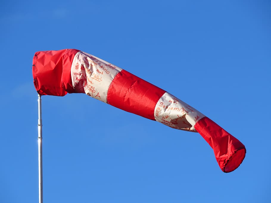 red and white air tube flag with pole, wind direction indicator HD wallpaper