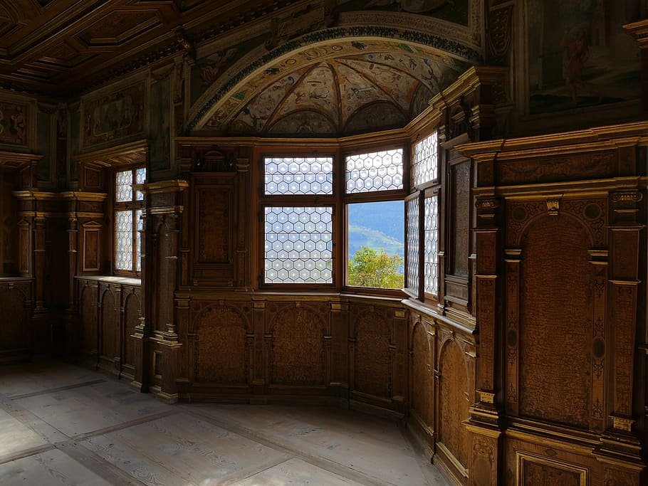 house interior design, bay window, castle room, south tyrol, inside