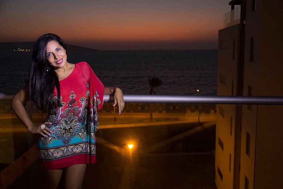 women, latin, peruvian, red dress, mini dress, beach at night, HD wallpaper