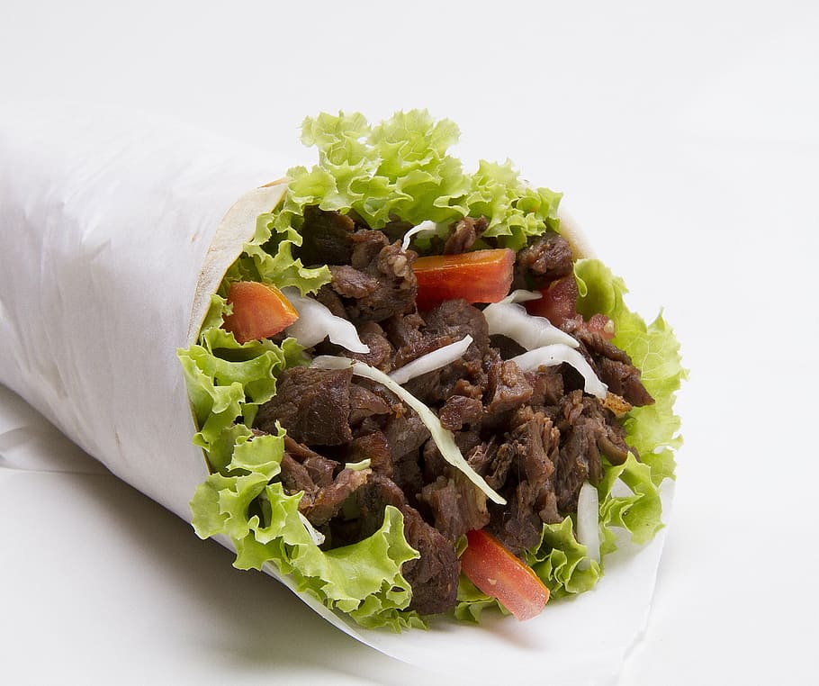 meat with vegetable taco, kebab, sandwich, pork, food, fast, meal, HD wallpaper