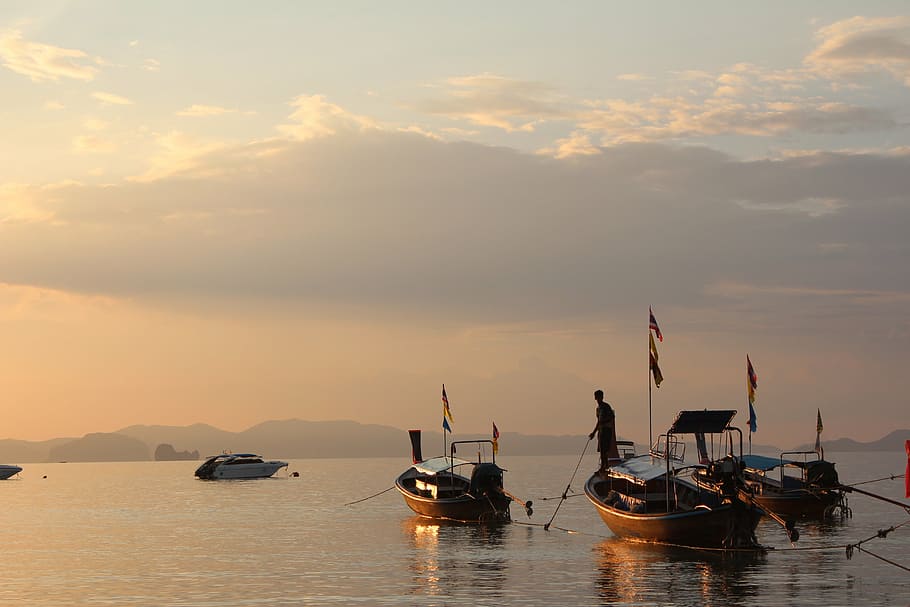 sunset, mood, lighting, afterglow, silhouette, boats, fishing boats HD wallpaper