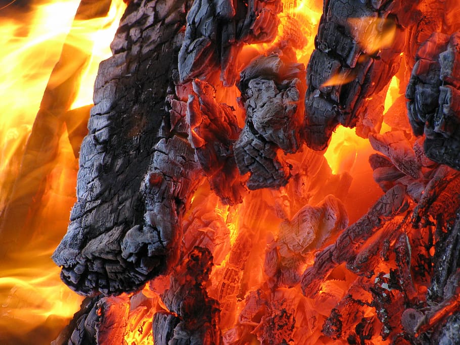 burning charcoal in close-up photography, fire, flame, campfire HD wallpaper