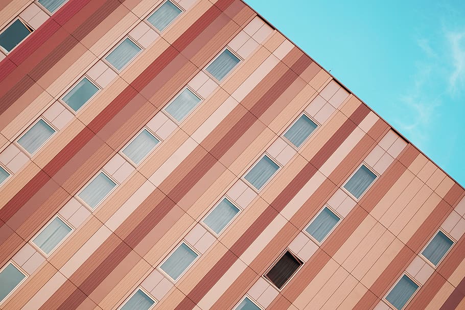 architecture, facade, pink, blue sky, angled, building Exterior HD wallpaper