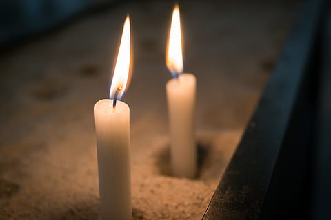 shallow focus photography of two white candles with light, flame HD wallpaper
